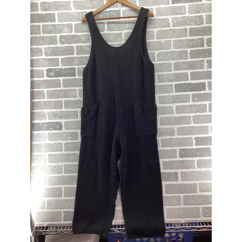 Free People Beach Black Cotton Knit Jumpsuit Wide Leg Overalls Large OB809516